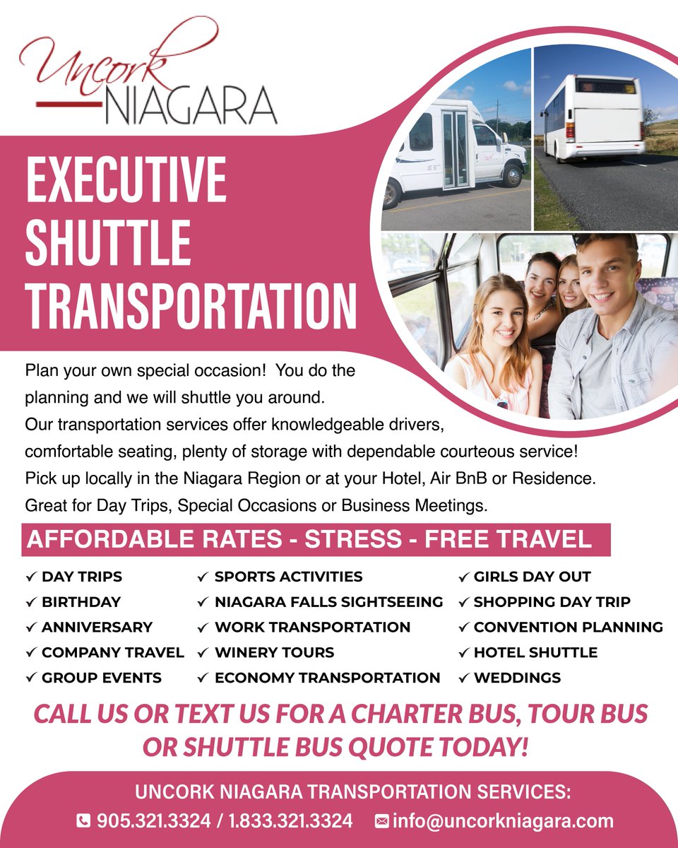 UncorkNiagara's tweet photo. Executive Shuttle Transportation.. more info here: https://t.co/XOkVxabN6R
Also check out our Daily Tours.
Have a good day.
#niagaraonthelake #hamilton #niagara #winetourism #winetime https://t.co/0F2hNpZnCD