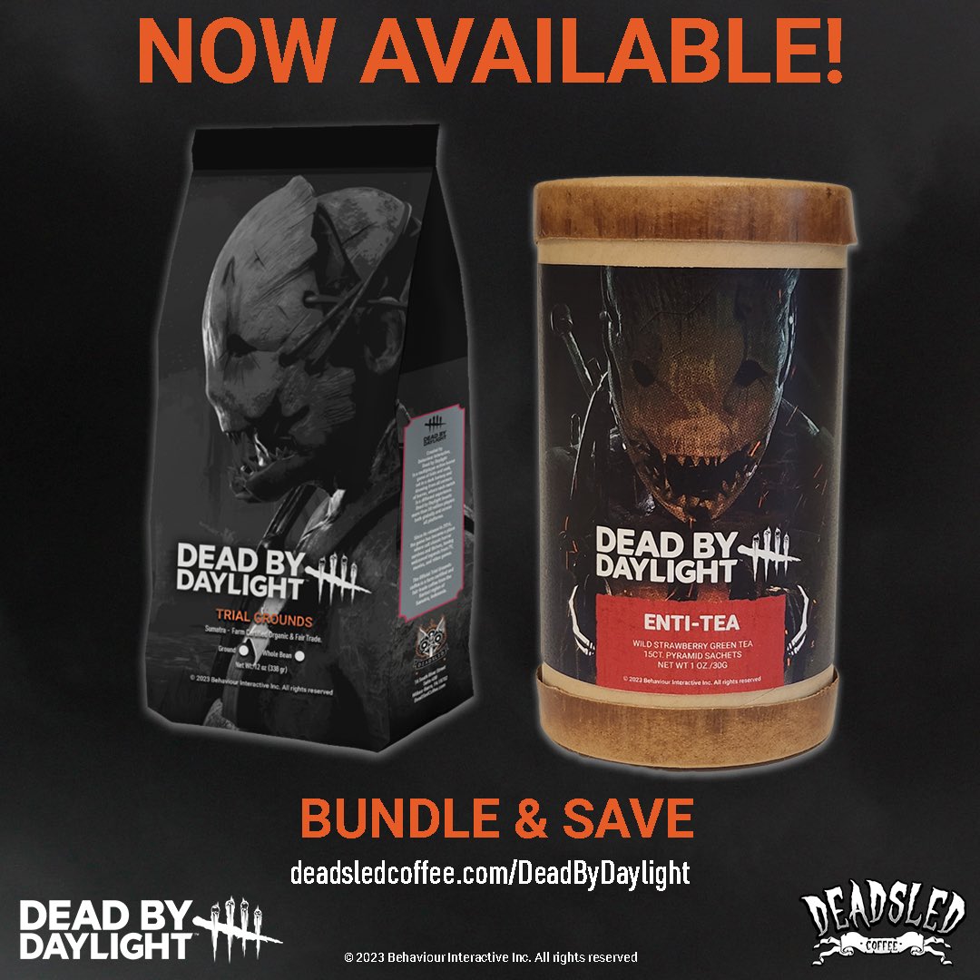 DeadSledCoffee's tweet photo. ￼￼☕️🔪Time to fuel up for your next deadly pursuit! The Officially Licensed @DeadbyDaylight Trial Grounds coffee &amp; ENTI-TEA are here! ￼￼ Sip on the intense flavors while plotting your survival or hunting strategies. ￼￼￼ #DeadbyDaylight 

Shop: https://t.co/WUBA1bGLG4 https://t.co/Jo6HDoU9NQ