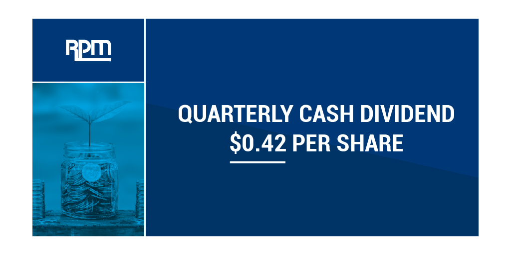 $RPM declares quarterly cash #dividend of $0.42 per share, payable 7/31/23 to stockholders of record as of 7/18/23. For more information, please visit here: bit.ly/RPM23Q4Dividend