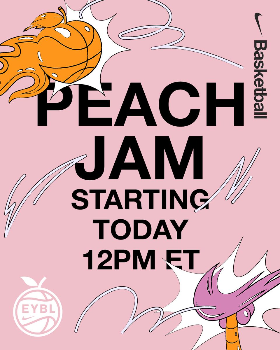 NBA's tweet image. LIVE NOW 🍑🏆
 
The 2023 @NikeEYB Peach Jam is available on the NBA App for the first time. 20 games will stream, beginning today at 12pm/et through Saturday, July 8, culminating with the 16U and 17U semifinal games. #EYBL2023
 
 ➡️ app.link.nba.com/PeachJam