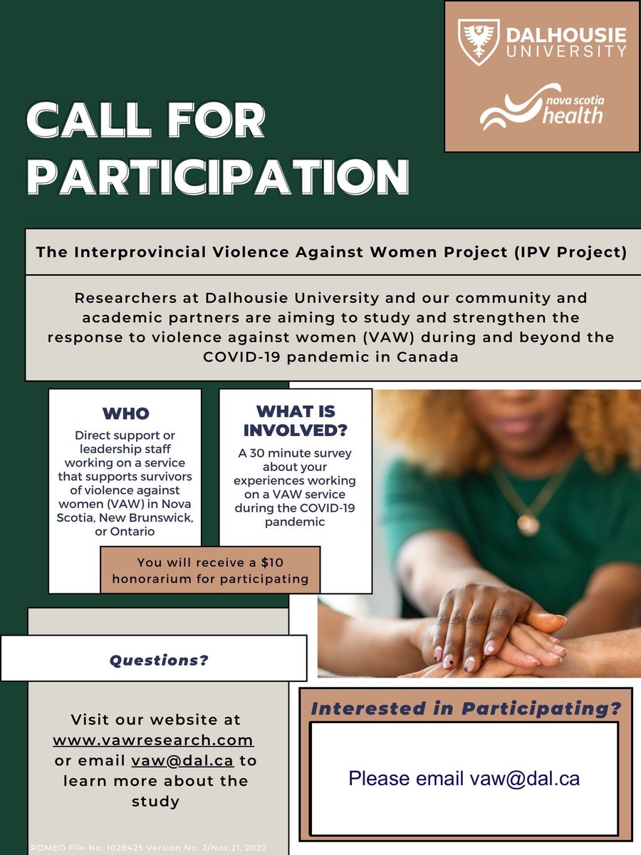 The IPV Project is seeking participants to take part in a survey on accessing or delivering services that support survivors of violence against women. 

Your responses will help strengthen responses to VAW across Canada. To determine your eligibility, please email vaw@dal.ca.