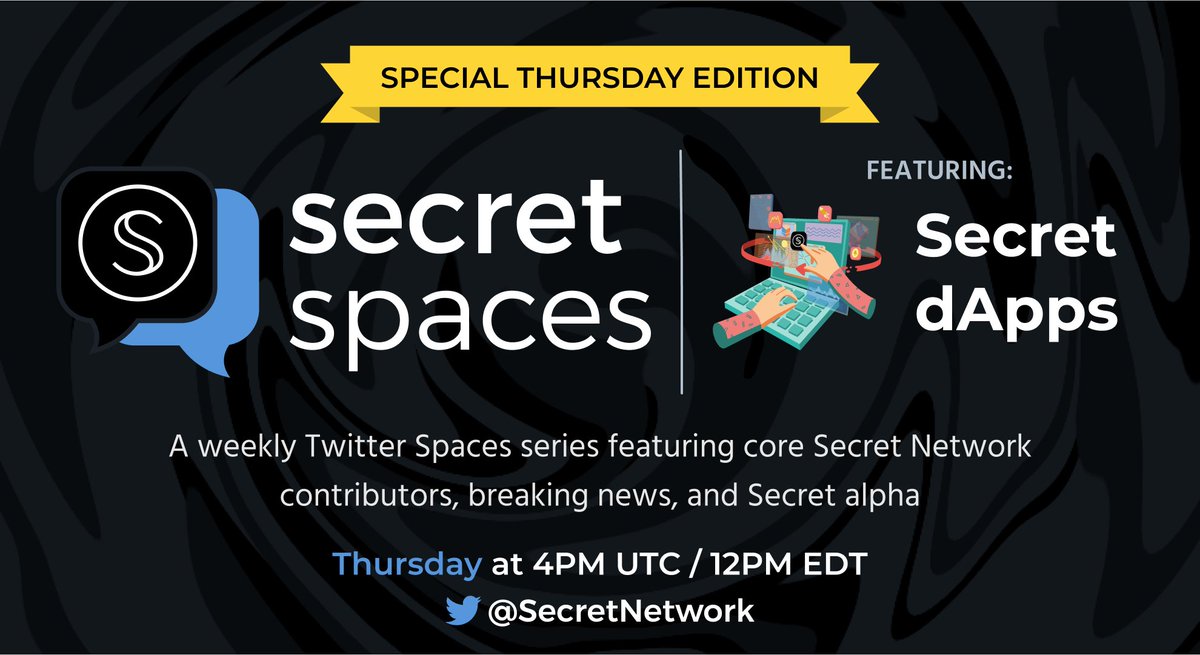 SecretNetwork's tweet image. Join us for a special edition of Secret Spaces tomorrow, July 6th, at 4pm UTC / 12pm ET!

It's an ecosystem update session, with many different Secret dApps joining us to give updates on what they've been building. Set a reminder today!

RSVP: 

$SCRT