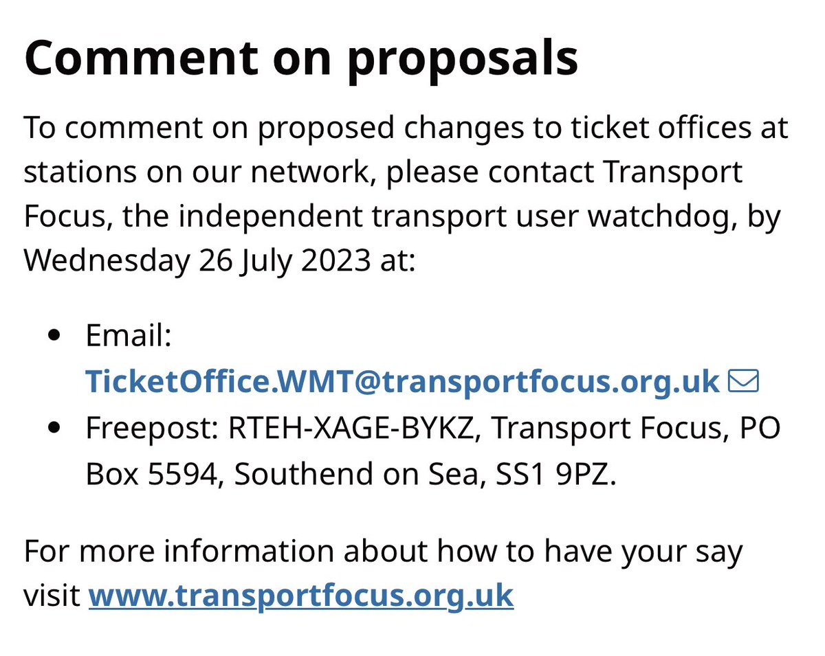 Friends 

Train Ticket office closure consultation has begun

westmidlandsrailway.co.uk/travel-informa…

Please use the link below :

More information on how to respond to the consultation: transportfocus.org.uk/ticketoffices