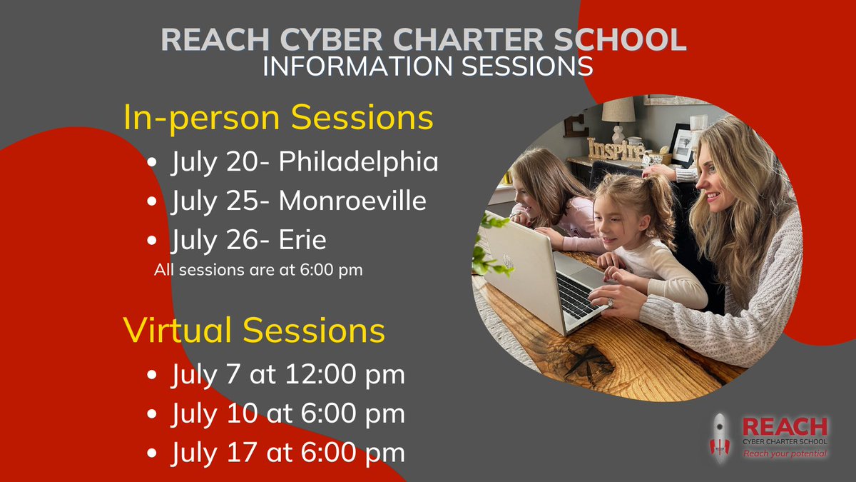 ReachCyber's tweet photo. Reach Cyber Information Sessions have arrived! Join us for in-person or virtually to learn more about our curriculum, STEM opportunities, Career Readiness programs, and social events. Visit https://t.co/j4jCSzX0Zk to register today! #reachcyber #inspireandnurture #infosessions https://t.co/WsRWMqlUYw