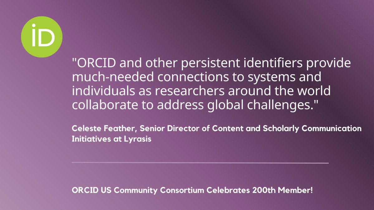 ORCID Organization (@orcid_org) on Twitter photo We are delighted to announce that the ORCID <a href="/USconsortium/">ORCID US Community</a> led by @Lyrasis, in partnership w <a href="/BigTenAcademic/">Big Ten Academic</a>, Greater Western Library Alliance + Northeast Research Libraries, recently signed its 200th member! Read more about this community of practice ✨➡️bit.ly/3JKzMOL We are delighted to announce that the ORCID <a href="/USconsortium/">ORCID US Community</a> led by @Lyrasis, in partnership w <a href="/BigTenAcademic/">Big Ten Academic</a>, Greater Western Library Alliance + Northeast Research Libraries, recently signed its 200th member! Read more about this community of practice ✨➡️bit.ly/3JKzMOL