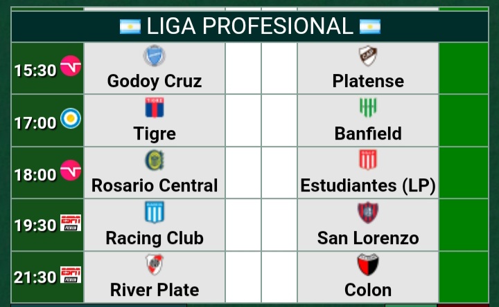 futbol_arg2022's tweet photo. Estos son los partidos que se jugaran hoy por.
#GodoyCruz vs #Platense 15:30.
#Tigre vs #Bandield 17:00.
#RosarioCentral vs #Estudiantes 18:00.
#Racing vs #SanLorenzo 19:30.
#RiverPlate vs #Colon 21:30. https://t.co/z0wYFe5xqX