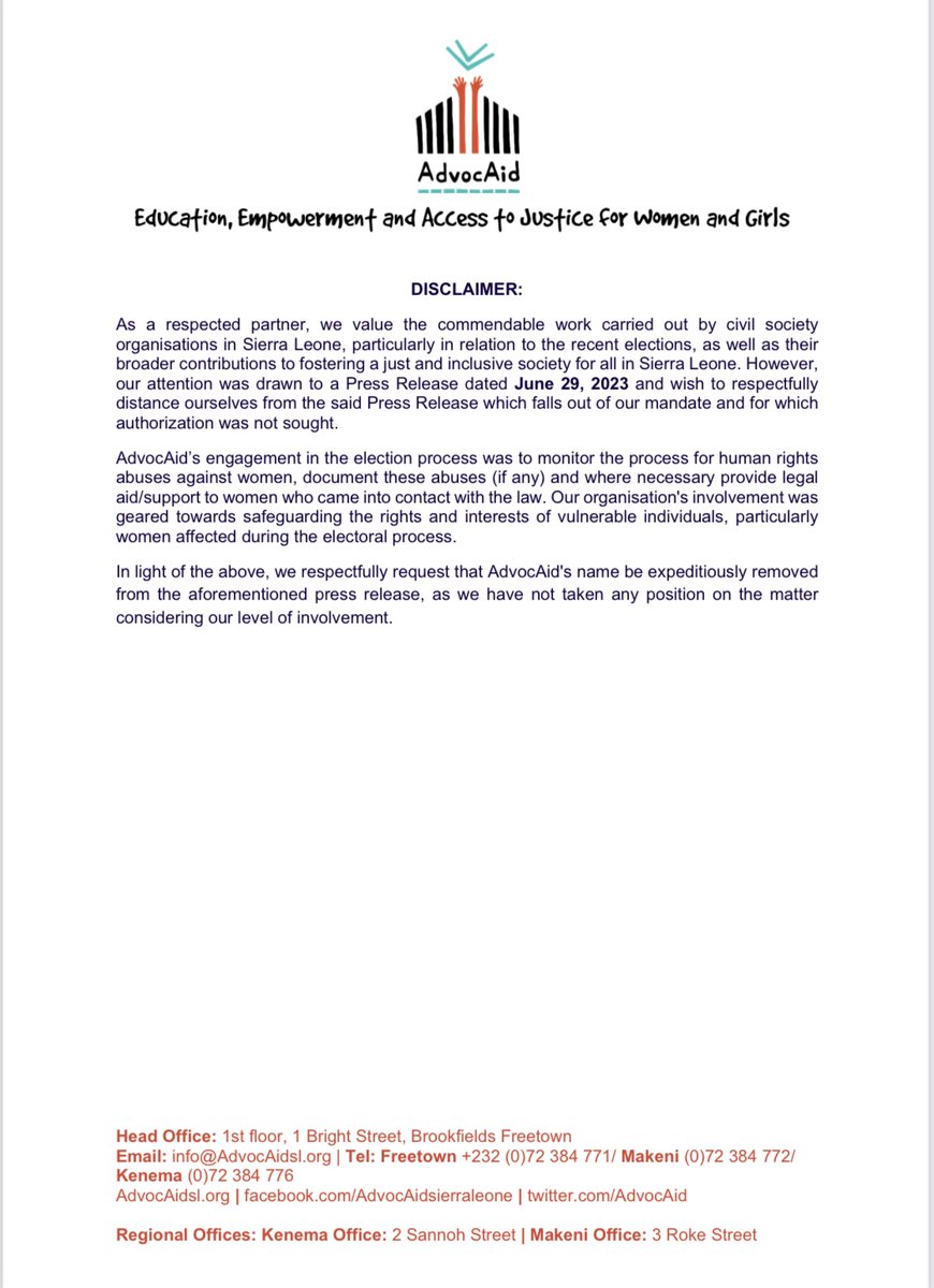 #Disclaimer - In regards to the Press Release titled "CSO's Position on The Threat to Peace Following Sierra Leone's 2023 Presidential and General Elections" dated June 29th, here is AdvocAid's position on the matter. Thank you!