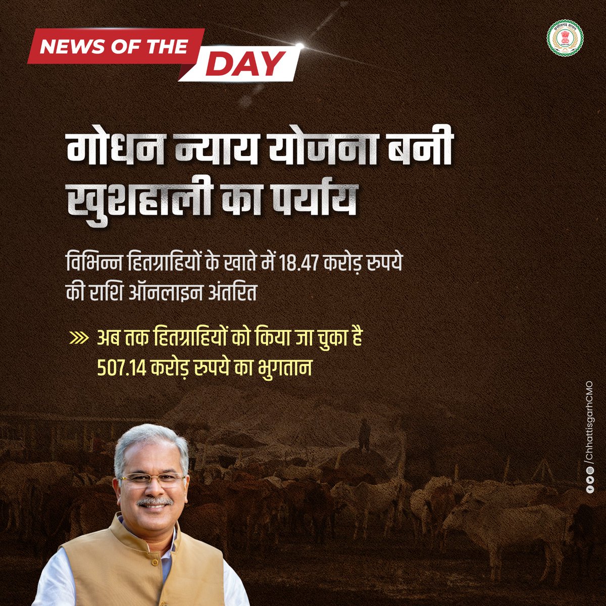 #NewsOfTheDay 
गोधन न्याय योजना बनी खुशहाली का पर्याय

#positivenews #Chhattisgarh
<a href="/bhupeshbaghel/">Bhupesh Baghel</a>