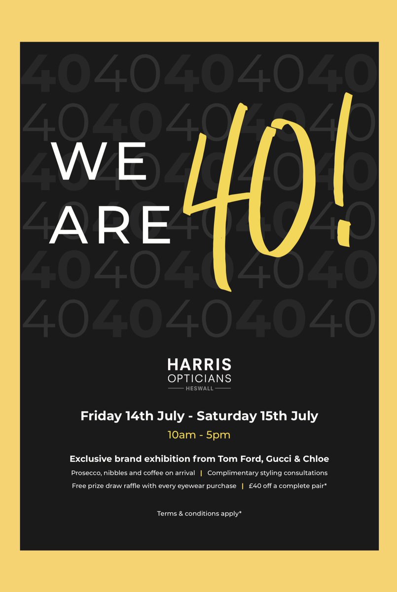 To celebrate our 40th anniversary we will be hosting a party! We will have exclusive ranges from Tom Ford, Gucci &amp; Chloe and with every purchase you will be entered into a draw for some fabulous prizes from our friends SDS Rejuvenate Medispa , Homebird Interiors &amp; 107 Dining Room