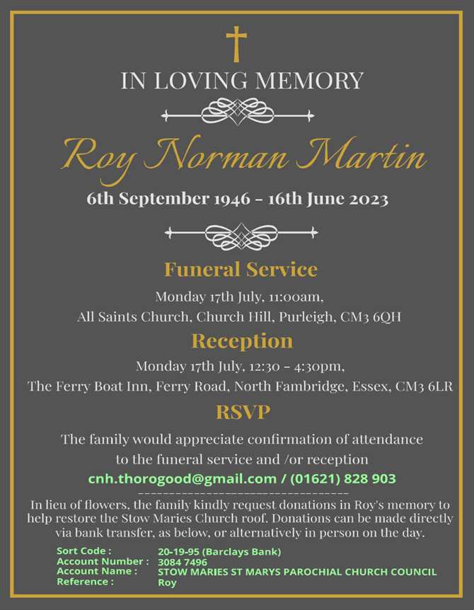 Here are the details for the funeral for Roy Martin of Martin's Lane Vineyard. If you would like to attend please do let us know so that we can cater for numbers.    RSVP to cnh.thorogood@gmail.com or 01621 828903  
#crouchvalley #martinslaneestate #englishwine