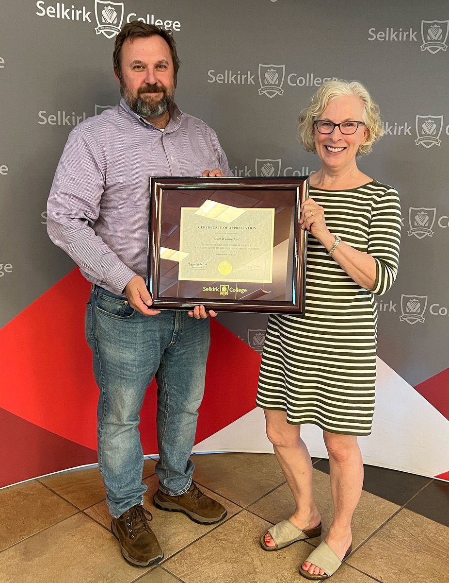 selkirkcollege's tweet photo. Heartfelt appreciation to outgoing #SelkirkCollege Board of Governors external members Audrey Repin and Scott Weatherford! Having served their terms, the committed community builders were honoured at the regular meeting in June. More at: https://t.co/xhyghIzQE0 @selinarobinson https://t.co/ISfD1enxRn