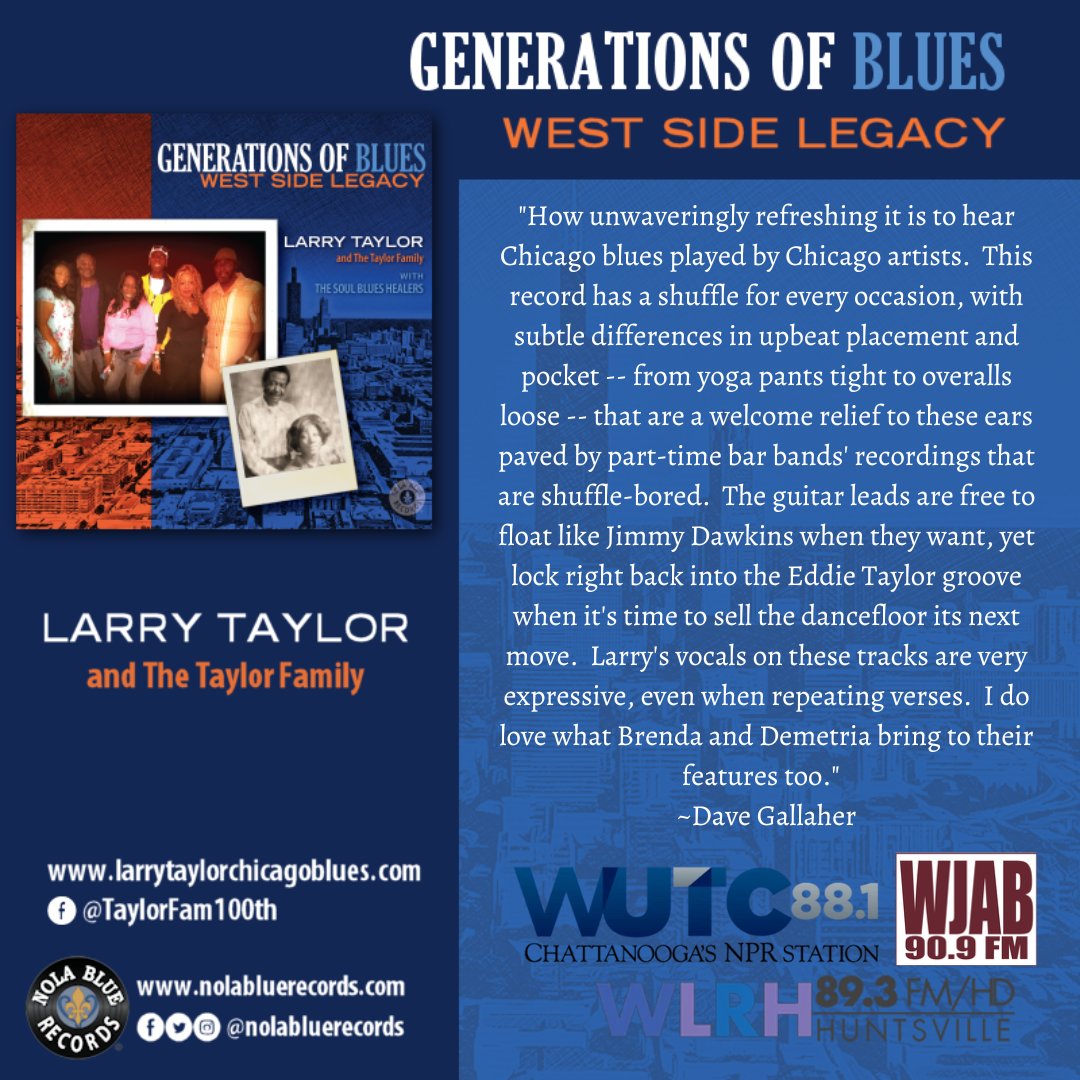 📰Microwave Dave Music Review: Larry Taylor and The Taylor Family
Add 💿Generations of Blues to your collection today:
🎧 lnk.to/generationsofb…
.
.
<a href="/NolaBlueRecords/">Nola Blue Records</a>
Publicity and Promotion: <a href="/BlindRaccoon9/">Blind Raccoon</a>
<a href="/WUTC_FM/">WUTC</a>
<a href="/WLRH_893FMHD/">WLRH-89.3FM/HD</a>
<a href="/WJAB_FM/">WJAB-FM</a>
#blues #bluesmusic #newmusicalert