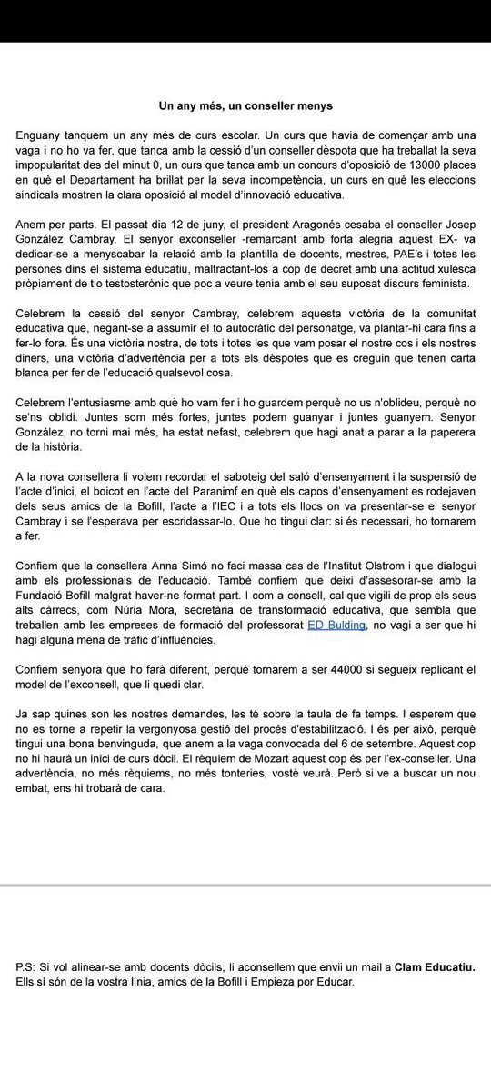 docents_SMLC's tweet photo. Un curs més, un conseller menys. Reflexió sobre el que ha passat al departament d'educació durant aquest curs https://t.co/RTKF7lR1lf