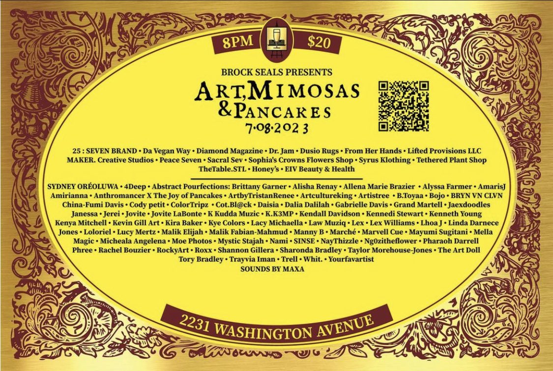 STL, THIS WHERE YOU NEED TO BE! 

ART, MIMOSAS + PANCAKES

🖼️🥂🥞 

SATURDAY, JULY 8th

8pm - MIDNIGHT 
2231 WASHINGTON AVE