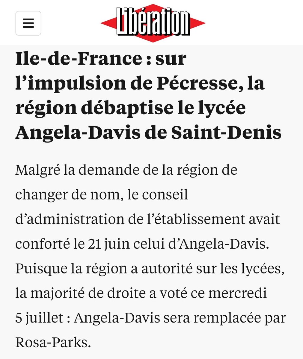 assanlakehoul's tweet photo. Valérie Pécresse débaptise le lycée Angela Davis à Saint-Denis. Quand nous luttions pour sa libération il y a 50 ans, la droite était déjà à rebours de l'Histoire.

Pour nous, ce lycée restera le lycée Angela Davis. https://t.co/9jLVHD44lP