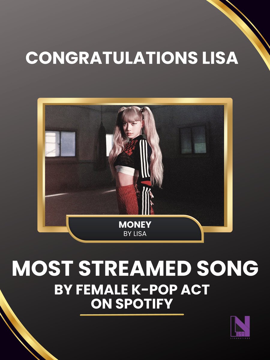 LISANATIONS_'s tweet photo. #MONEY by #LISA is now the most streamed song by a K-pop female act on Spotify. 

What an amazing feat! Join us to stream and let's achieve the 1B record  for LISA 🔥

🎧https://t.co/u0NwBgpmH4 https://t.co/Yl8A0JSnc6