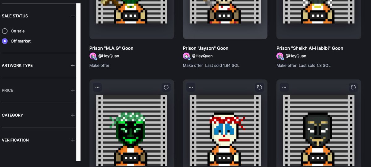 roughly about 3 mnths ago i made a small series on <a href="/exchgART/">Exchange Art</a> called PRISON GOONS w/<a href="/AntiSolana/">goons 🥷</a>  , &amp; since then NOT ONE holder has listed! 

I LOVE ALL YOU GUYS THAT ARE TREATING THIS AS AN ART PIECE &amp; NOT SOME PROFIT TAKING JPEG ! 

s/o <a href="/AntiSolana/">goons 🥷</a> community! My day1 supporters