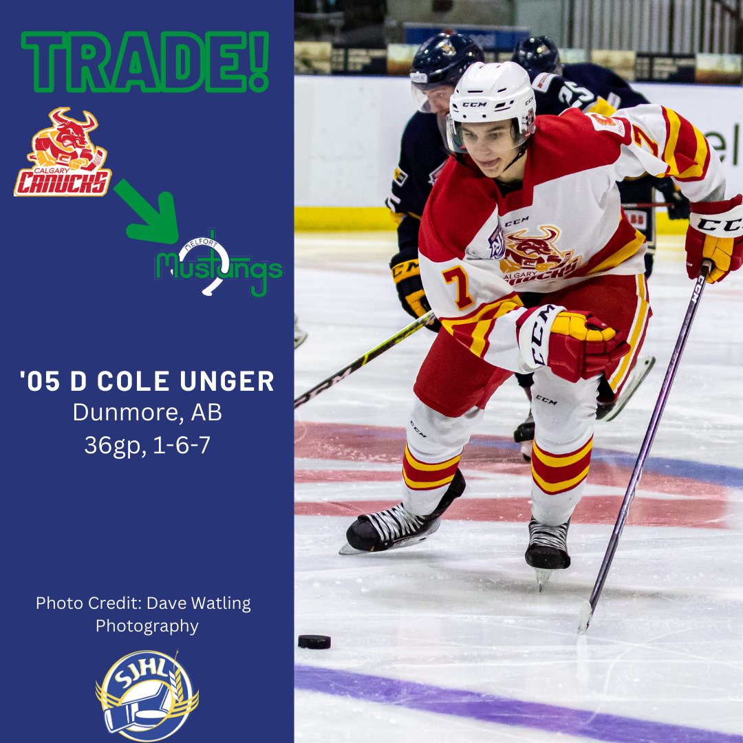 TRADE: The Mustangs have acquired '05 D Cole Unger from the @Calgary_Canucks in exchange for a PDF. Unger had 7 points in 36 games last season in the AJHL. Welcome to Melfort, Cole! 📷: Dave Watling Photography