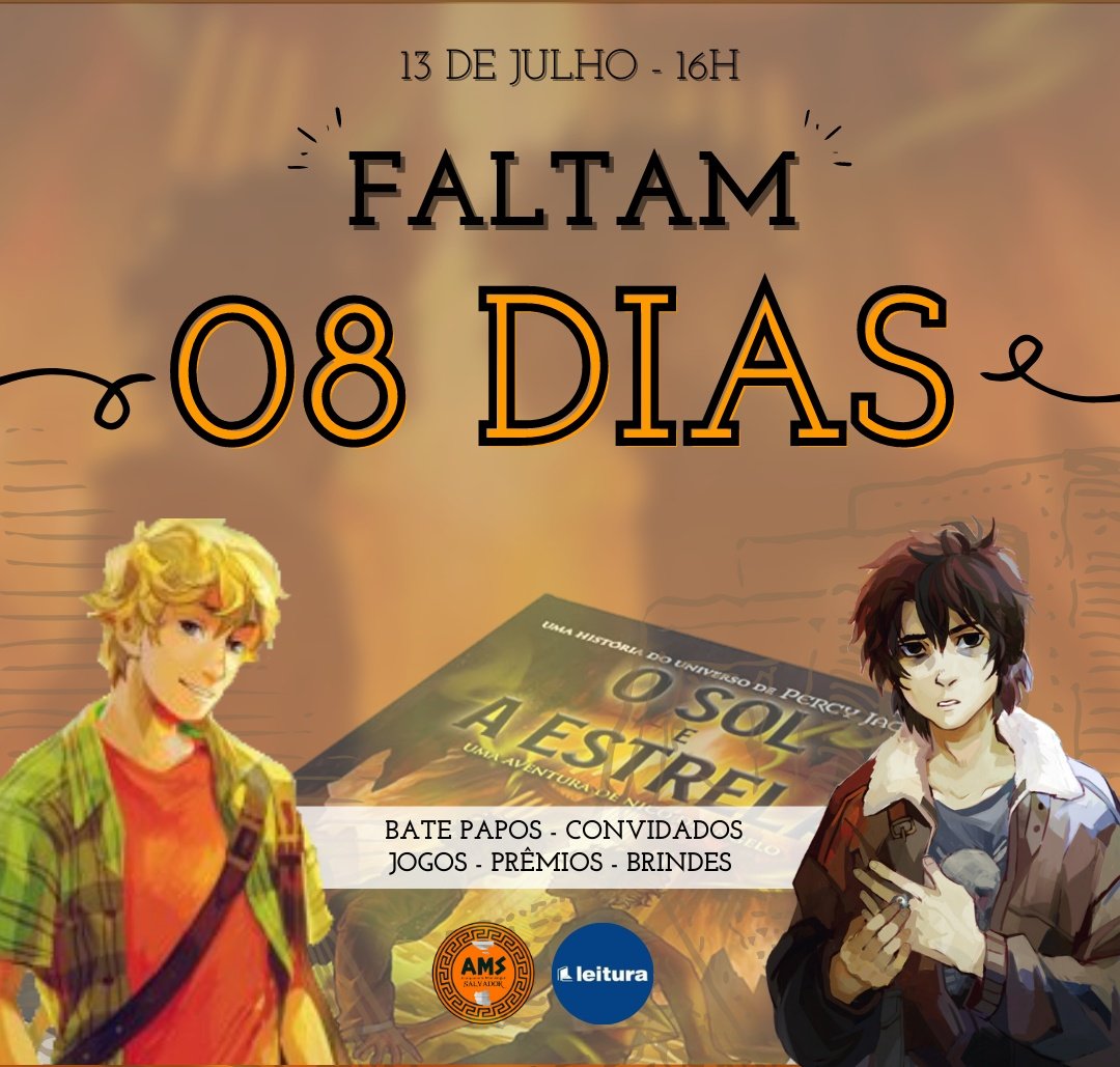 AcampamentoMei7's tweet photo. Daqui a 8 dias estaremos na Livraria Leitura do Salvador Shopping esperando por todos os Semideuses de Salvador para uma tarde de diversão e comemoração!
#percyjackson #percyjacksonbrasil #osoleaestrela #rickriordan #riordanverse #percyjacksonseries #percyjacksonbooks https://t.co/5qzcoEFzte