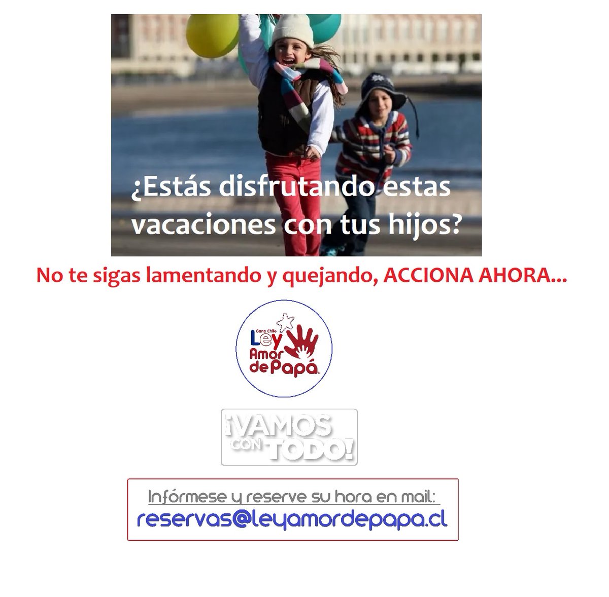 AmordePapa's tweet photo. ¿Tu ex se "adueñó" de tus hijos?

¿HASTA CUÁNDO ESPERARÁS PARA DEFENDER SUS DERECHOS?

Te invitamos a ponerte en ACCIÓN AHORA y no seguir permitiendo la grave desvinculación con quienes MÁS amas.

Escríbenos a reservas@leyamordepapa.cl

Te esperamos https://t.co/JvIp16yrbP https://t.co/u40kOWkfZx