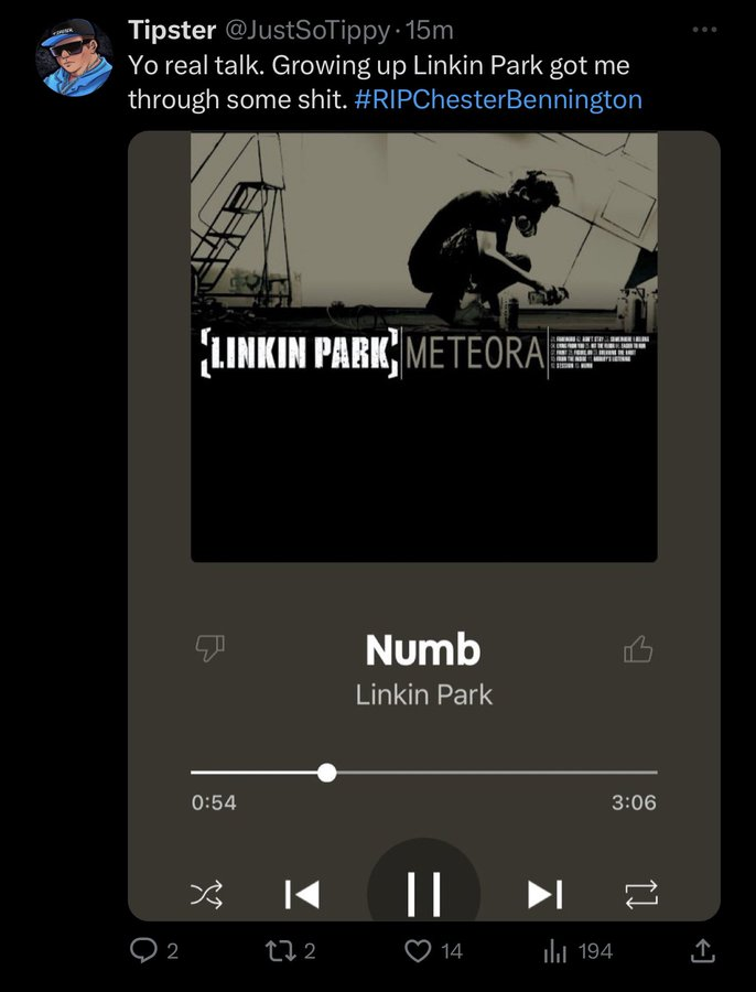 LMFAO this dude is so fucking corny

'Yo Real Talk have y'all heard of this song called Numb? This is some real shit that got me thru real tough times #RIPChester💯'

I get why he immediately deleted this😹