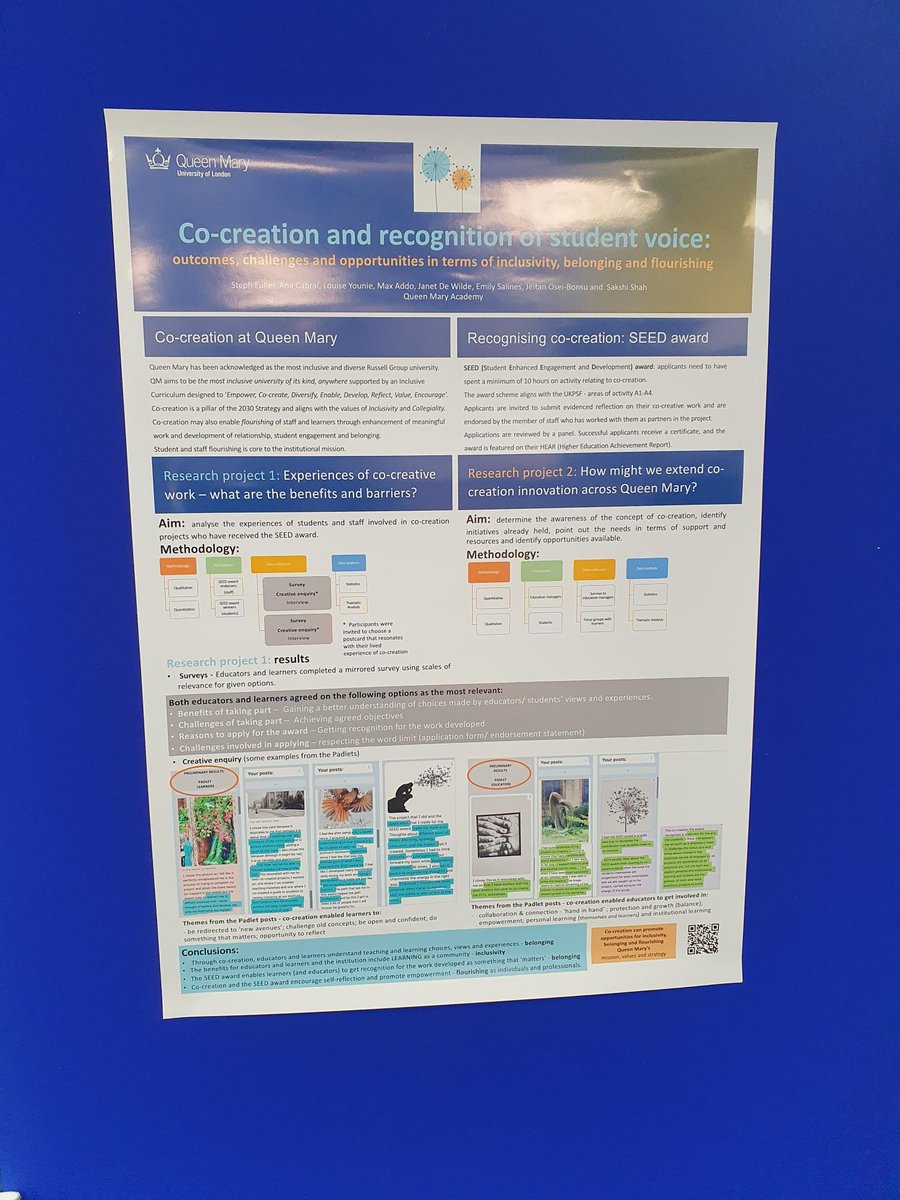 A privilege to take this poster to #ltconf23 @advancehe on behalf of @AnaCabr05941734 and @LouiseYounie thanks everyone who came to take a look! Find out more about the SEED award here: qmul.ac.uk/queenmaryacade… #cocreation #studentsaspartners #creativeenquiry