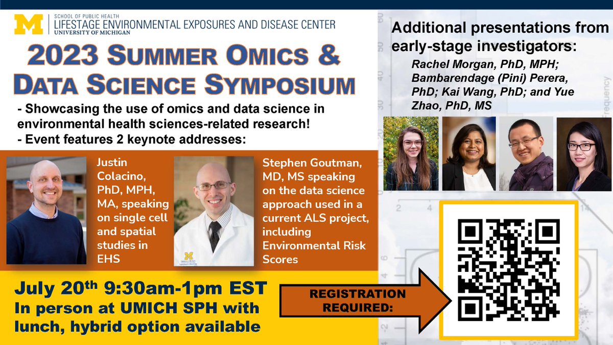 Dana Dolinoy Cipolla (@ddolinoy) on Twitter photo Please join <a href="/M_LEEaD/">U-Mich Center on Environmental Exposures & Disease</a> Thurs July 20th for our Summer Omics and Data Science Symposium. Speakers will showcase the use of omics & data science in their environmental health sciences (EHS) related research.
Location: SPH 2, 9:30am- 1 pm EST
Registration is required, see thread Please join <a href="/M_LEEaD/">U-Mich Center on Environmental Exposures & Disease</a> Thurs July 20th for our Summer Omics and Data Science Symposium. Speakers will showcase the use of omics & data science in their environmental health sciences (EHS) related research.
Location: SPH 2, 9:30am- 1 pm EST
Registration is required, see thread