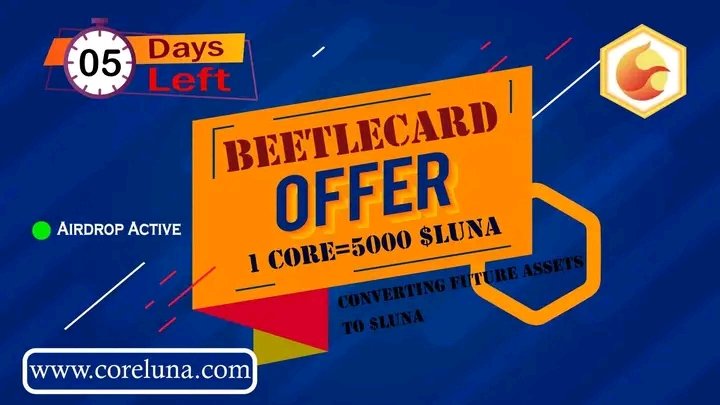 coreluna_dev's tweet photo. ✴️ $cLuna Beetlcard Session✅
🔥Converting Future assets to $cLUNA
1CORE = 5000$LUNA
just 5 Days left 🔥
#CoreDAO
#cluna #SatoshiPlusConsensus
#NFTGiveaway https://t.co/vyl3TKtcWL