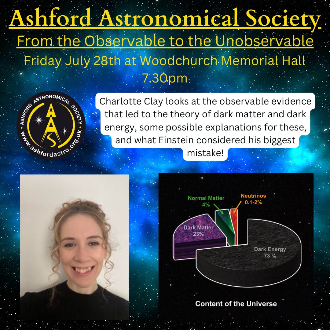 AshfordAstro's tweet photo. ๐ COMING ON JULY 28th ๐
From the #Observable to the #Unobservable Charlotte Clay looks at the observable evidence that led to the theory of #darkmatter and #darkenergy, some possible explanations for these, and what #Einstein considered his biggest mistake! #astronomy #space https://t.co/UQAJVrBRAo