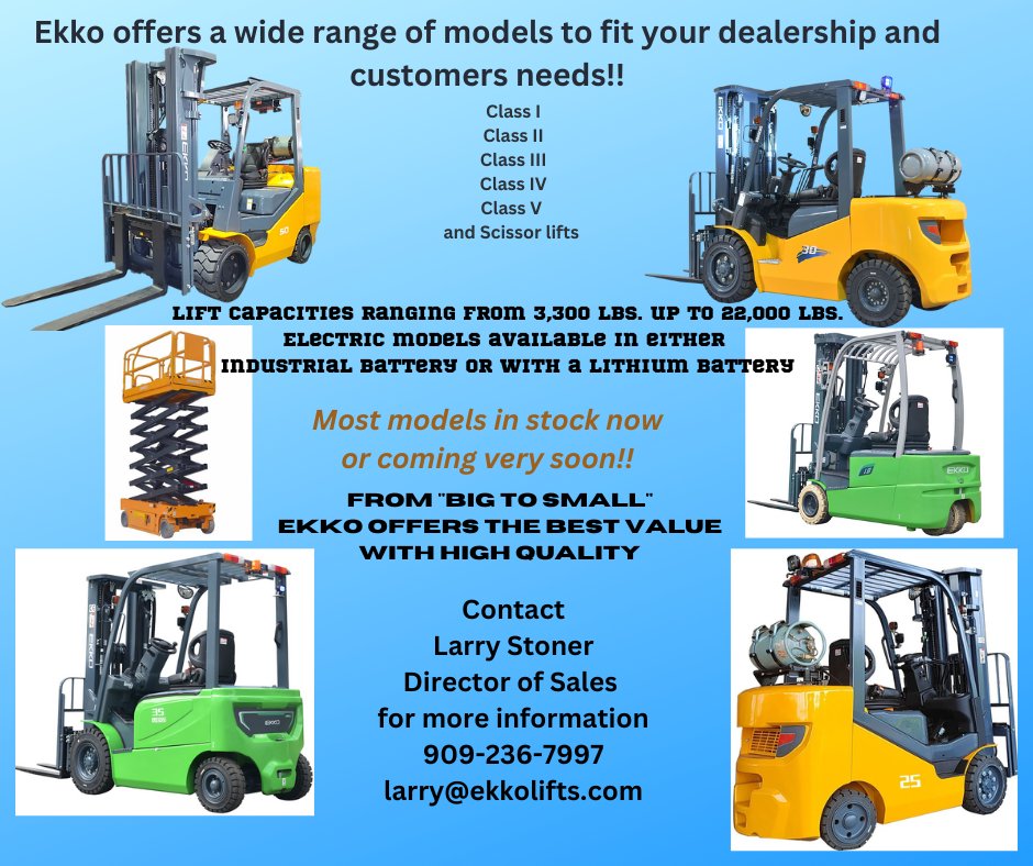 Ekko offers a wide variety of models to fill your dealership and customers needs.

Please contact me for more information or a dealer near you.

Larry Stoner 909-236-7997 or larry@ekkolifts.com 

#ekko #ekkolifts #materialhandlingequipment #LpgForklift #Lithium