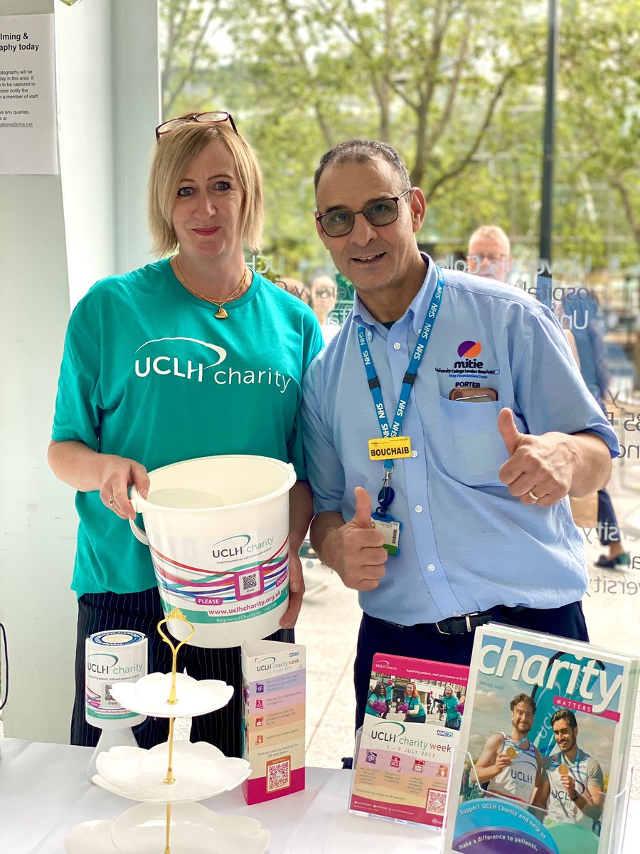UCLHCharity's tweet photo. It may be the #NHS75 birthday, however we want to give a special shout out to @mitie porter Bouchaib, who is also celebrating his birthday today! Thank you for stopping by our #BigTea to see us - we hope you enjoyed the cake! 🎂 #oneteam #UCLHCharityWeek https://t.co/hqcXKH4oJx