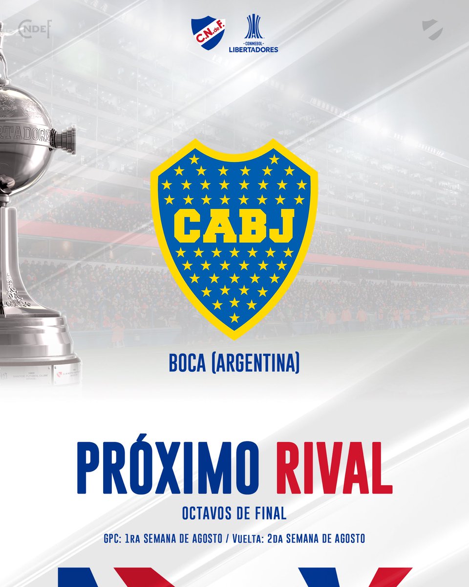 Ya conocemos el rival que nos tocará enfrentar en los octavos de final de la CONMEBOL <a href="/Libertadores/">CONMEBOL Libertadores</a> entre el 2 y 9 de agosto🏆

Nuestro próximo encuentro será ante <a href="/BocaJrsOficial/">Boca Juniors</a> 🔜💪🏼

#ElClubGigante 🔵⚪️🔴