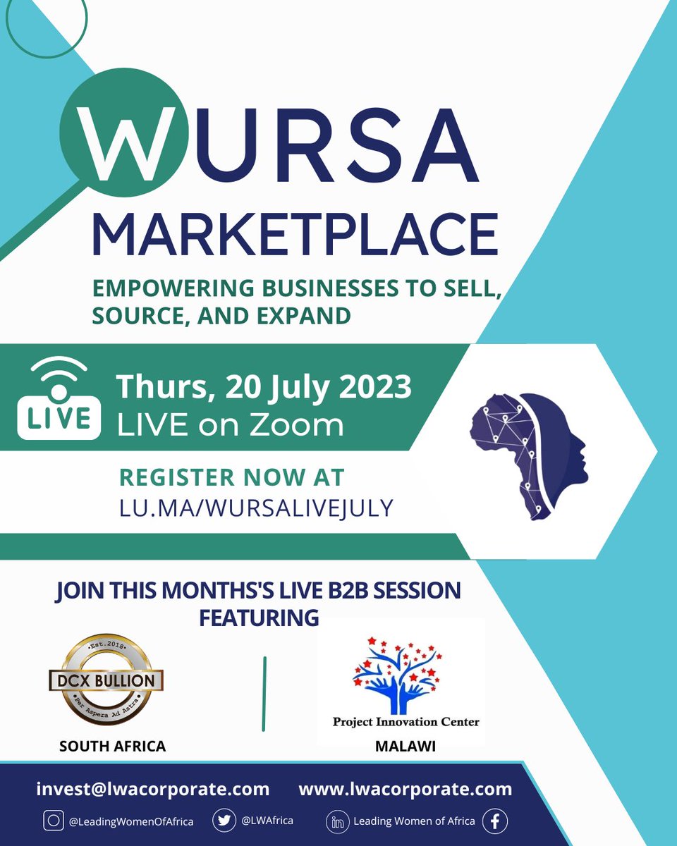 LWAfrica's tweet image. 📅 Save the date and register now: lu.ma/wursalivejuly
Don't miss out on expanding your business with WURSA Marketplace LIVE!

📩 For inquiries, email invest@lwacorporate.com.

#WURSAWednesday #MultiSector #B2BEvent #AfricanBusinesses #Networking #Trade #Investment