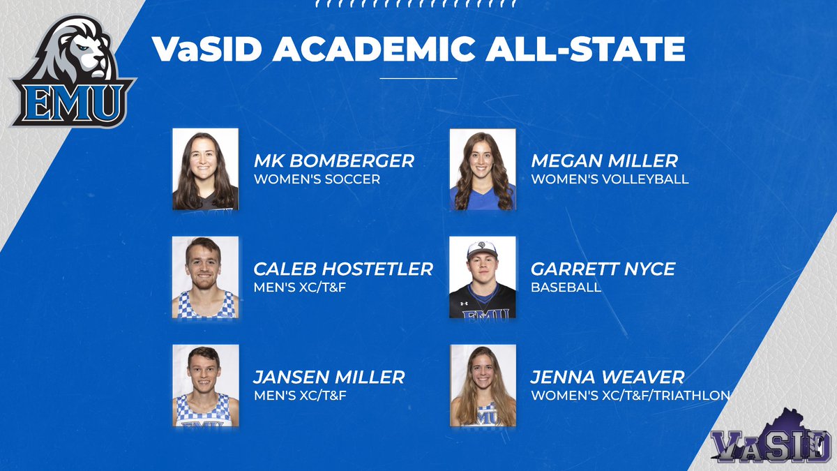 EMU_Athletics's tweet photo. 🏆ROYAL AWARD ALERT🏆
Congratulations to MK Bomberger of @EMU_WomenSoccer Megan Miller of @emu_wvb Garrett Nyce of @EMUbaseball1 and Caleb Hostetler, Jansen Miller and Jenna Weaver of @EMU_XC_TF for being named VaSID Academic All-State! #competetogether #bearoyal https://t.co/W519YfHfaa