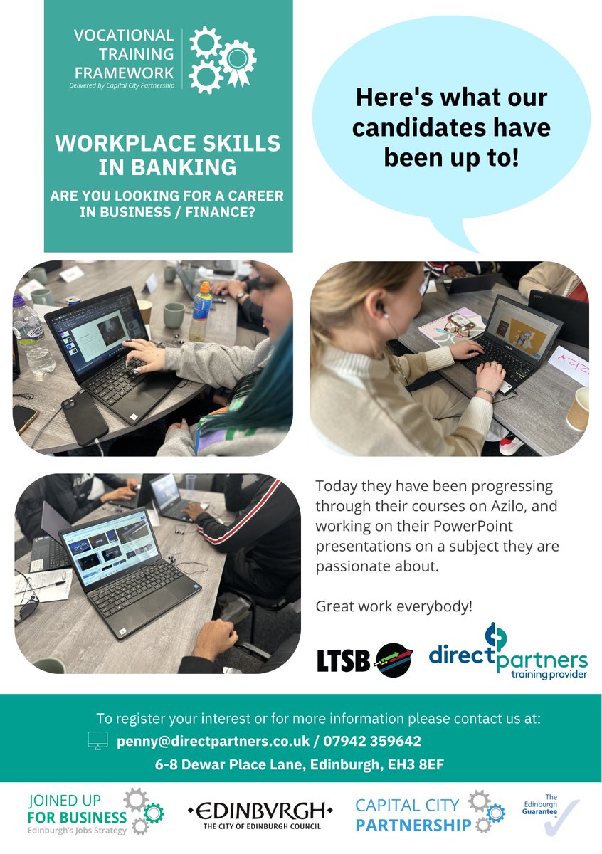 DirectPartners1's tweet photo. Our candidates are on their third day of their Workplace Skills in Banking course and they are doing brilliantly!😁 @VTF_CCP
#directpartners #vocationaltrainingframework #EmployabilityTraining #employabilityhelp #PreEmploymentTraining #scotland #Edinburgh https://t.co/c3Dk4k8Cqp