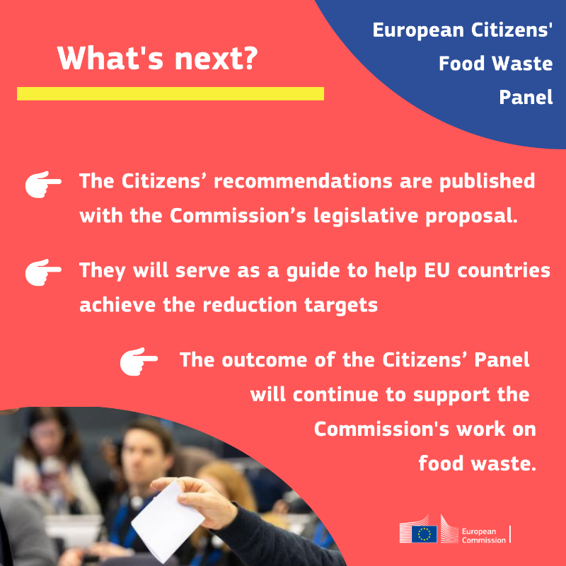 EU_Commission's tweet photo. There is no time to waste.

Today, we made a proposal to tackle food waste with important benefits for consumers, businesses and the environment.

Check the 23 recommendations a European panel of 147 citizens had put forward to get there. ↓

#FoodWasteEU