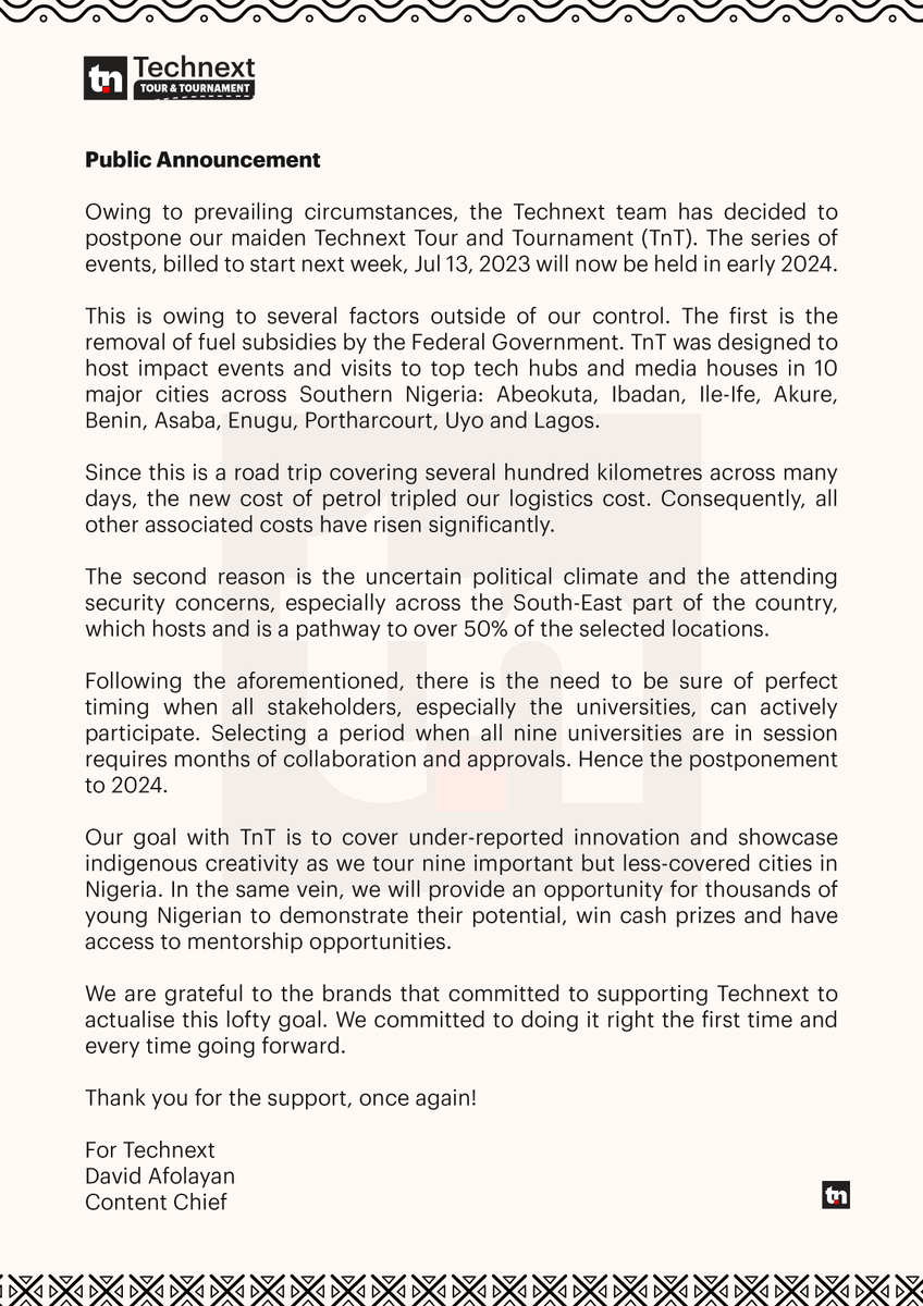 technextdotng's tweet photo. We'd like to tell our valued community that, owing to unforeseen circumstances, the inaugural Technext Tour and Tournament (TnT) has been rescheduled. Our team is working diligently to ensure an excellent event, and we appreciate your understanding.

#TechnextTnT https://t.co/PgYQirurr6