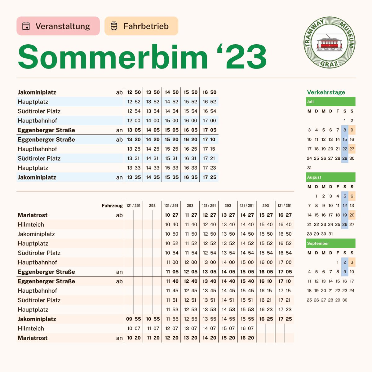 #Museumsmittwoch #24

ANKÜNDIGUNG SOMMERBIM 2023

Auch heuer verkehrt die beliebte Sommerbim wieder samstags zwischen Eggenberger Straße und Jakominiplatz sowie an jedem zweiten Sonntag zwischen Eggenberger Straße und Mariatrost.

Wir freuen uns auf euch!

tramway-museum-graz.at/kalender/somme…