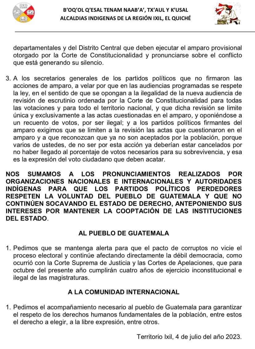 fundebase's tweet photo. Pronunciamiento de las Autoridades Ancestrales Ixiles.

#EleccionesGT23 #BoqolQesalTenam #Elecciones2023 #Nebaj #Chajul #Cotzal #Guatemala https://t.co/feTUonAGlC