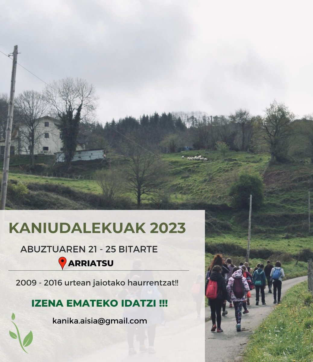 💥 BADATOZ KANIUDALEKUAK 

2009-2016 urte artean jaiotako haur eta nerabeentzat. 

Izena emateko idatzi kanika.aisia@gmail.com emailera!

ANIMATU!
❤️💜💚🤸🏻‍♀️