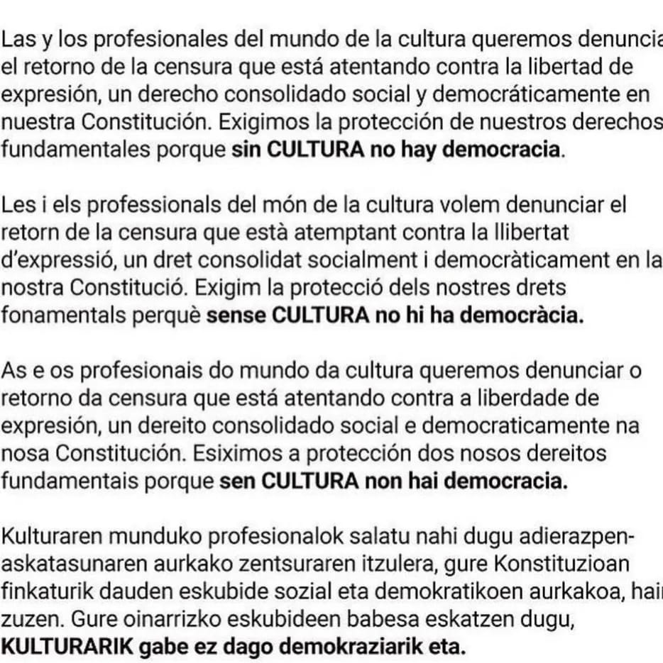 No se le pueden poner puertas al campo, límites a la libertad de expresión ni restricciones a la cultura. Su censura es la expresión de su miedo e ignorancia. Recordad: si no nos dejan soñar, no les dejaremos dormir. Nuestra libertad derrotará a su miedo. #StopCensura