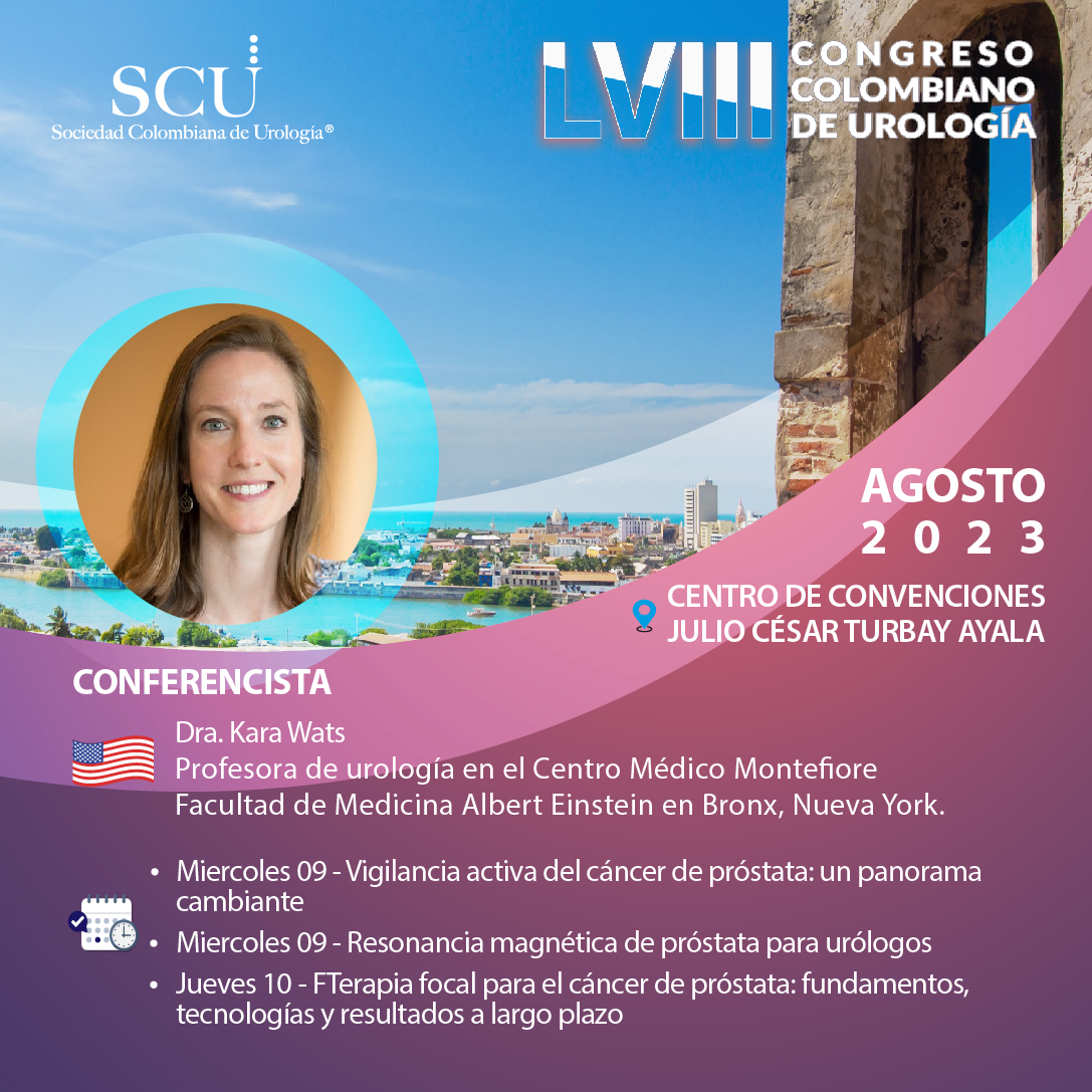La Dra. Kara Wats estará con nosotros en el LVIII CONGRESO COLOMBIANO DE UROLOGÍA 2023.

📍 CARTAGENA
📆 9 al 13 de agosto

Realice su inscripción en el siguiente enlace: scu.org.co/inscripciones2…

¡LOS ESPERAMOS!

#SCU2023