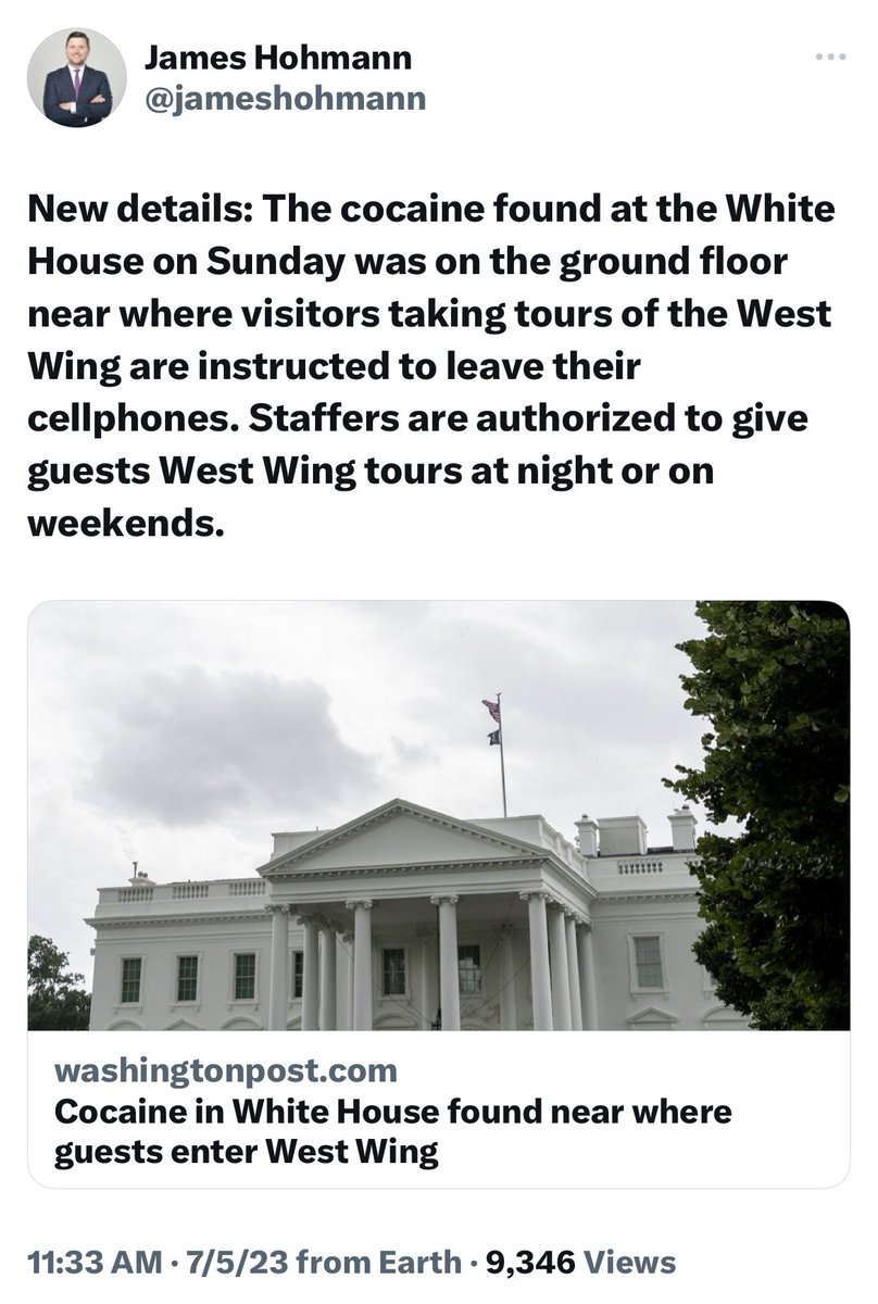 AmoneyResists's tweet photo. After three days of an entire political party despicably trying to make this about the President’s son’s past drug habits, it turns out it was a WH visitor who attended a weekend tour and accidentally left their cocaine where they ask people to put their cell phones. https://t.co/OuOaEQ96VO