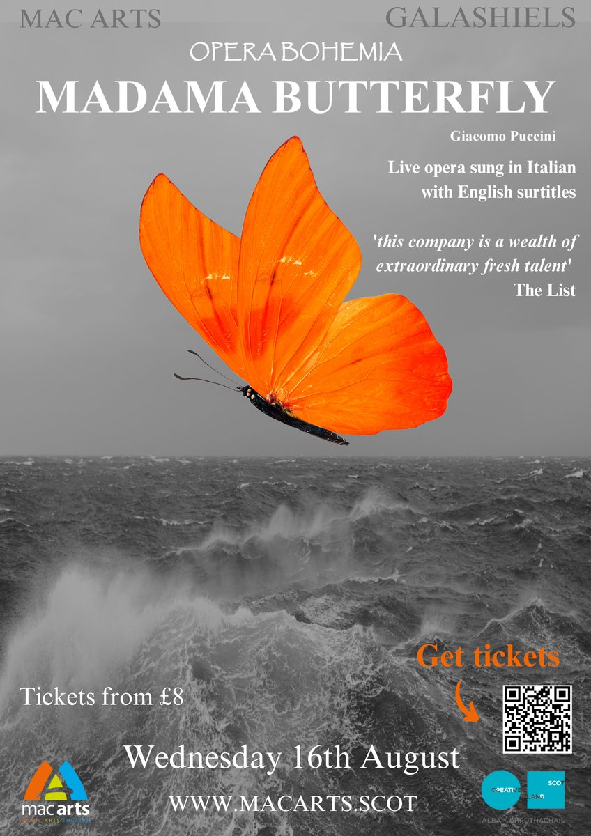 LIVE OPERA: Madama Butterfly 📍 MacArts, Galashiels, TD1 1SP 📅 Wednesday 16th August 2023 🎟 Tickets £18/£16/£8. ticketsource.co.uk/macarts/live-o… Opera Bohemia, Scotland’s professional touring company, returns to MacArt @OperaBohemia