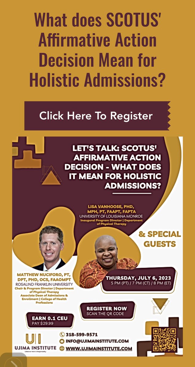 Thank you @UjimaInstitute @LisaVanHoosePT and <a href="/NuciforoM/">Matthew Nuciforo</a> for hosting this! Many will fall into overreach of the SCOTUS opinion. But there is still plenty that can be done to ensure continued diversity. If you aren’t sure how, register for this session.