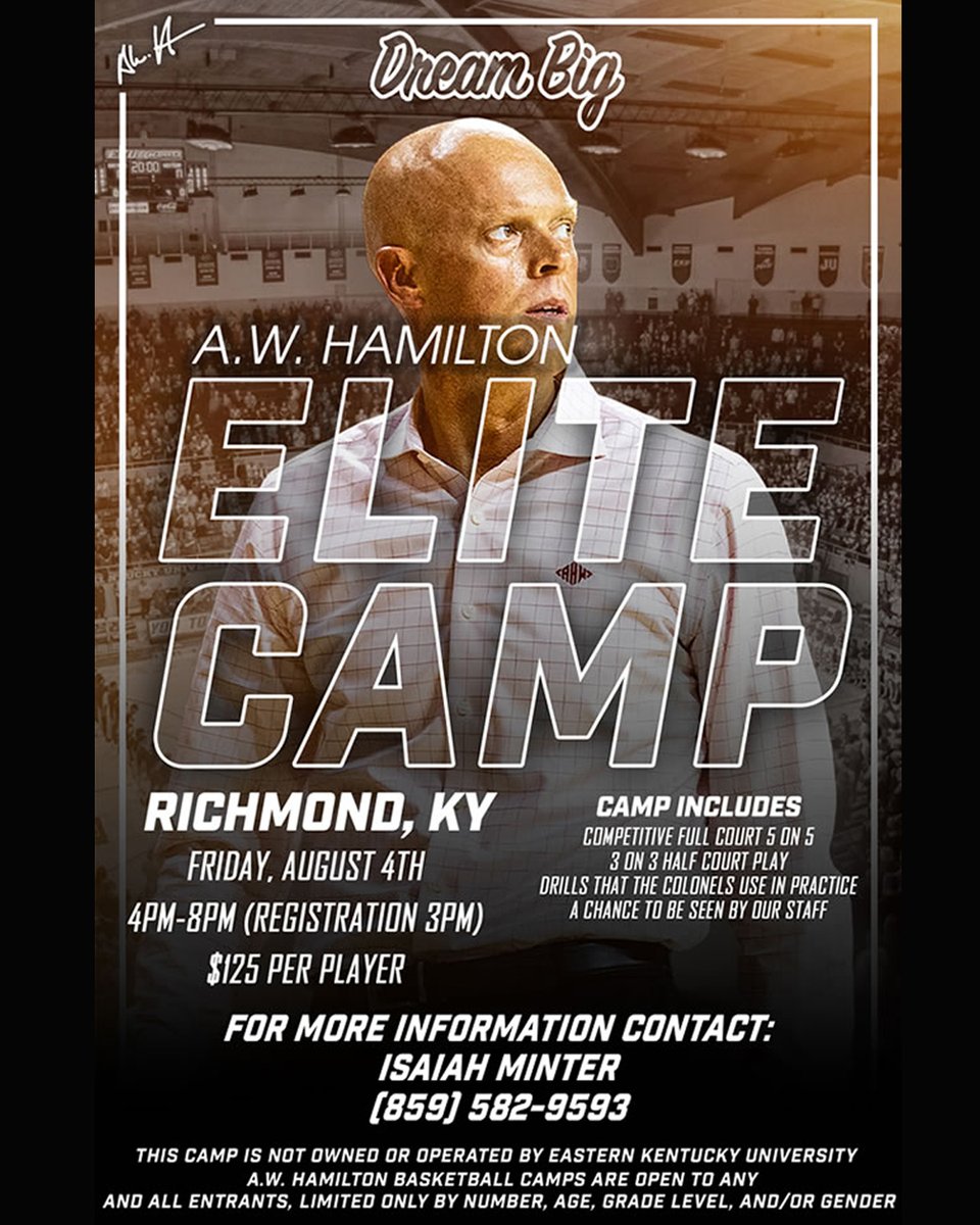 EKUHoops (@ekuhoops) on Twitter photo Don't forget about the <a href="/CoachAWHamilton/">A.W. Hamilton</a> Elite Camp!
Grades 9-12 & 2023 HS grads
๐๏ธAugust 4
๐๏ธregister here๐ bit.ly/3r6dpN4
This and more๐
โ๏ธDrills the Colonels use in practice
โ๏ธ3 on 3 halfcourt
โ๏ธCompetitive full-court 5 on 5
โ๏ธA chance to be seen by our staff! Don't forget about the <a href="/CoachAWHamilton/">A.W. Hamilton</a> Elite Camp!
Grades 9-12 & 2023 HS grads
๐๏ธAugust 4
๐๏ธregister here๐ bit.ly/3r6dpN4
This and more๐
โ๏ธDrills the Colonels use in practice
โ๏ธ3 on 3 halfcourt
โ๏ธCompetitive full-court 5 on 5
โ๏ธA chance to be seen by our staff!