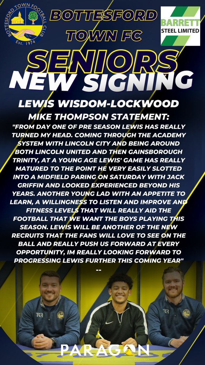 Another great signing for the gaffer today, we welcome a very talented Lewis wisdom-Lockwood to the Barrett Steel Stadium.