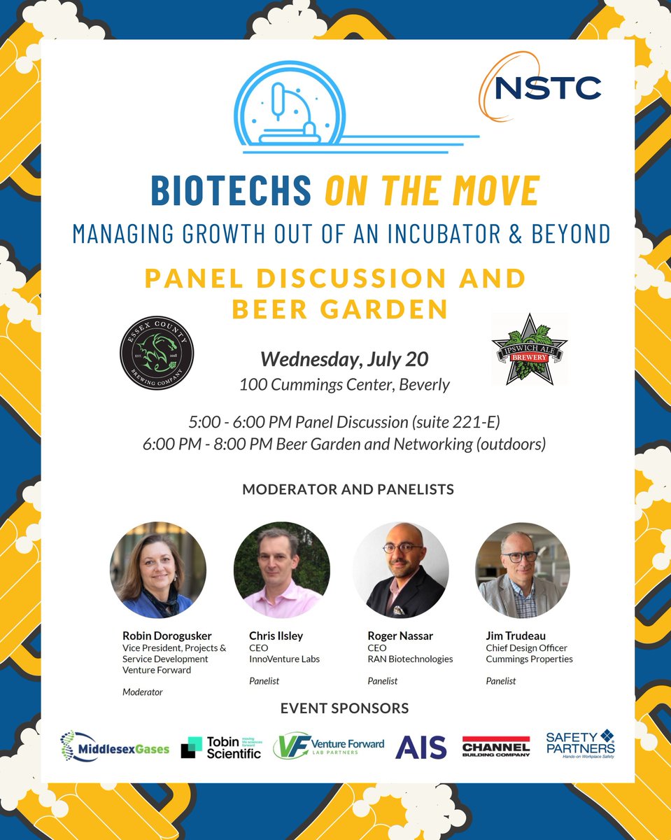 Join us on July 20th in Beverly for a panel discussion,  "Managing Growth out of an Incubator and Beyond," followed by an outdoor beer garden featuring <a href="/essexcountybrew/">Essex County Brewing</a> &amp; <a href="/IpswichAleBrew/">Ipswich Ale Brewery</a>!

Register Now: nstc.org/event-5310991