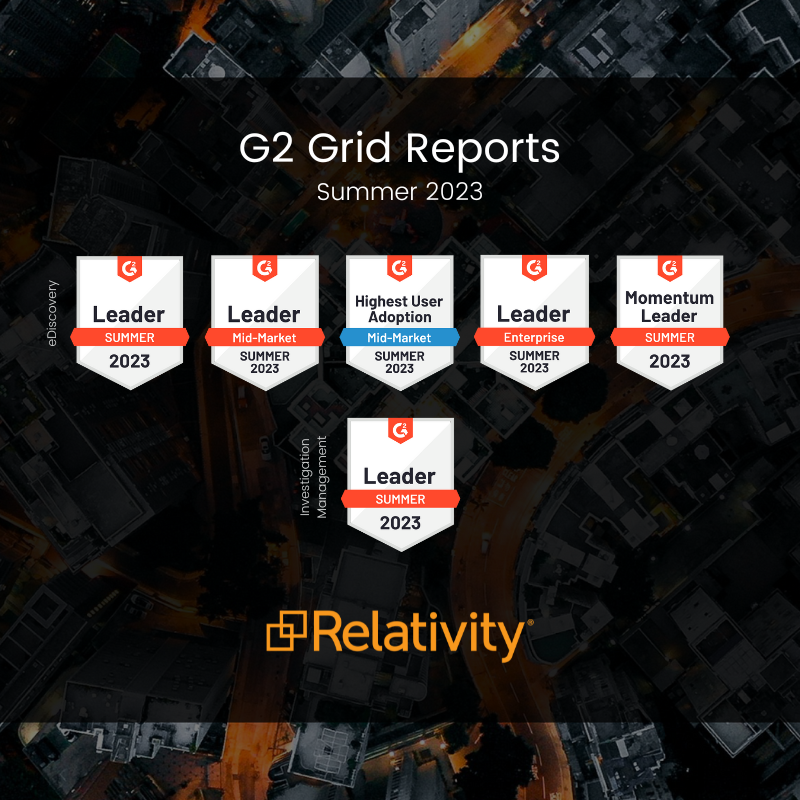 RelativityHQ's tweet photo. 2 for 2! @G2dotcom ranks Relativity a Leader for both #eDiscovery &amp; #InvestigationManagement in their Summer 2023 Grid Reports, confirming our litigation and investigation software leadership. We don't take your trust for granted. Thanks! https://t.co/8bKFL6MHmi https://t.co/G3QIC6qOiW