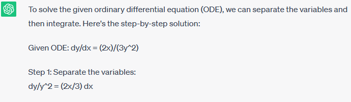 Chat GPT4 tries to solve a separable ODE, see step one below. 
Khan Academy is a very good resource for help in mathematics. https://t.co/axgxQ6B3In https://t.co/Kfa0dPcoXK